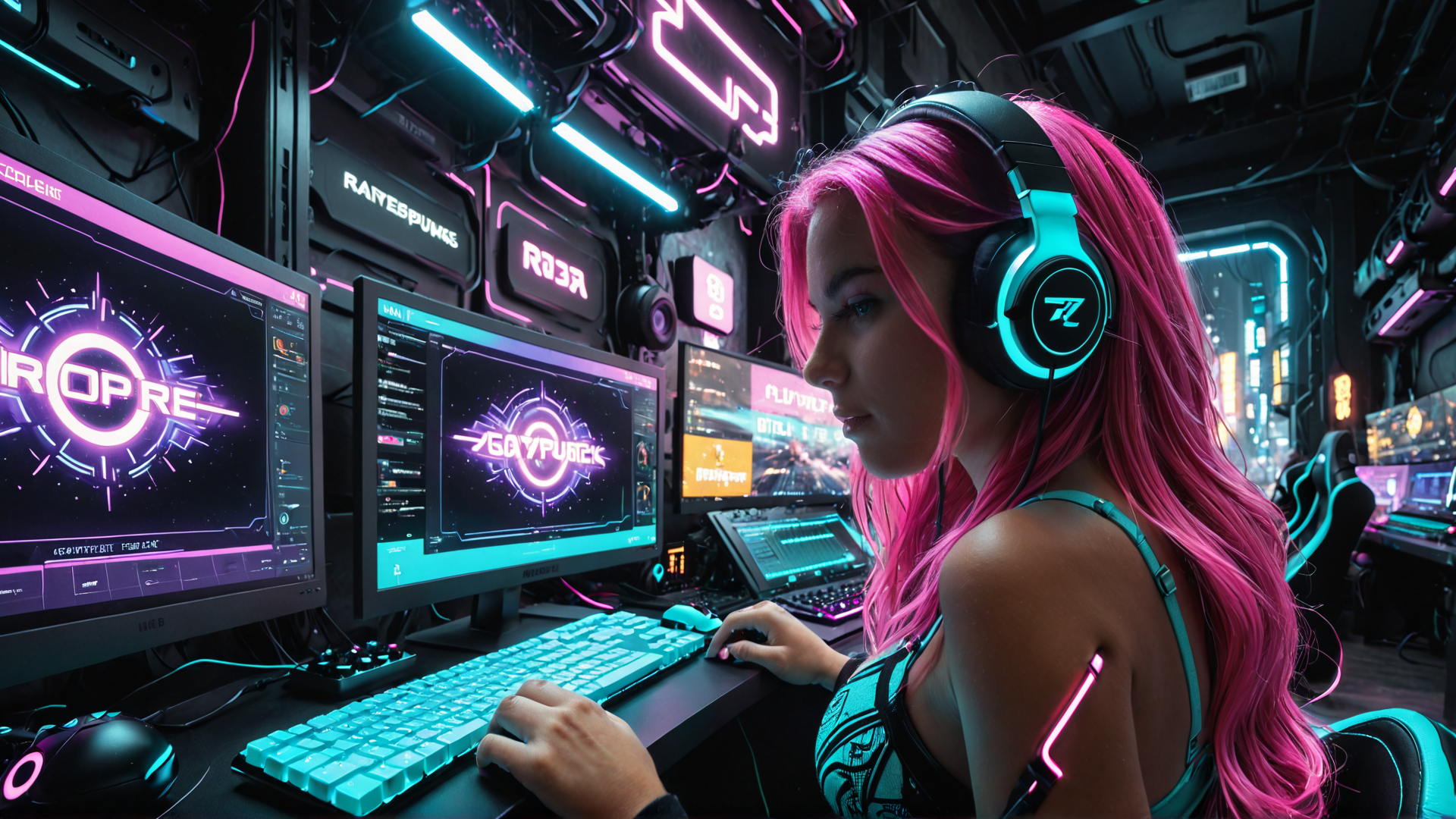AI generated wallpaper featuring gamer, woman, computer