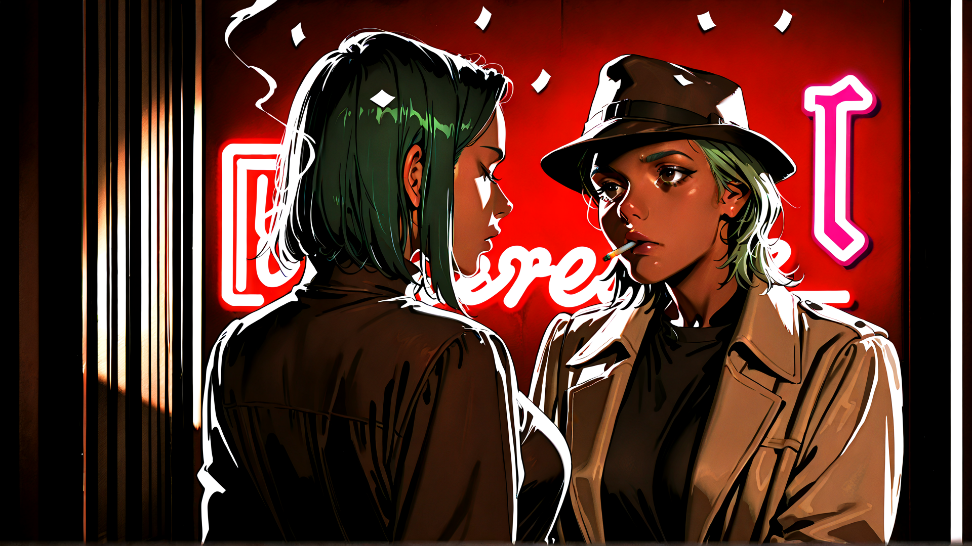 AI generated wallpaper featuring woman, woman, neon, cigarette, hat, coat