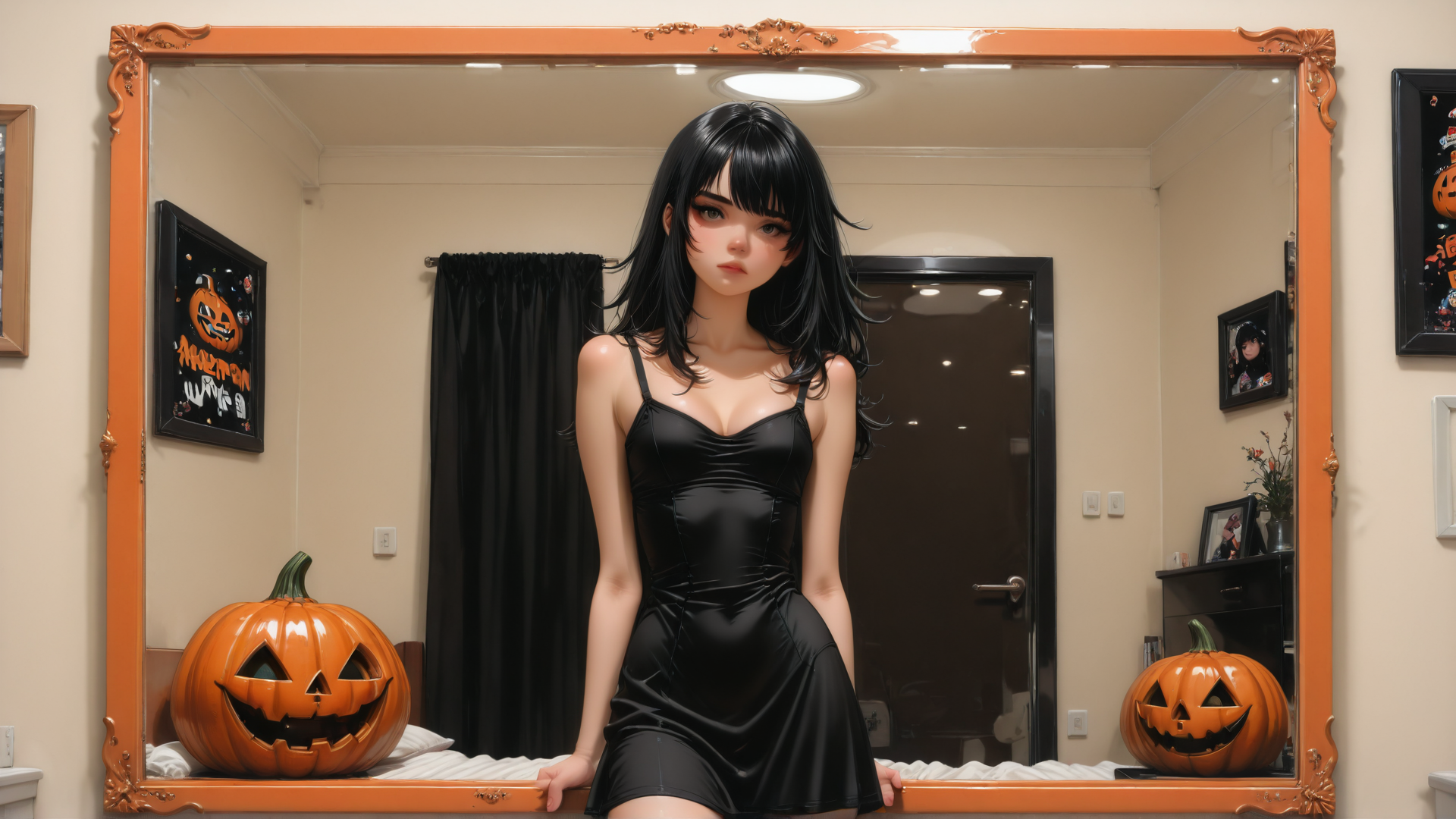 AI generated wallpaper featuring woman, pumpkin, mirror, dress, room