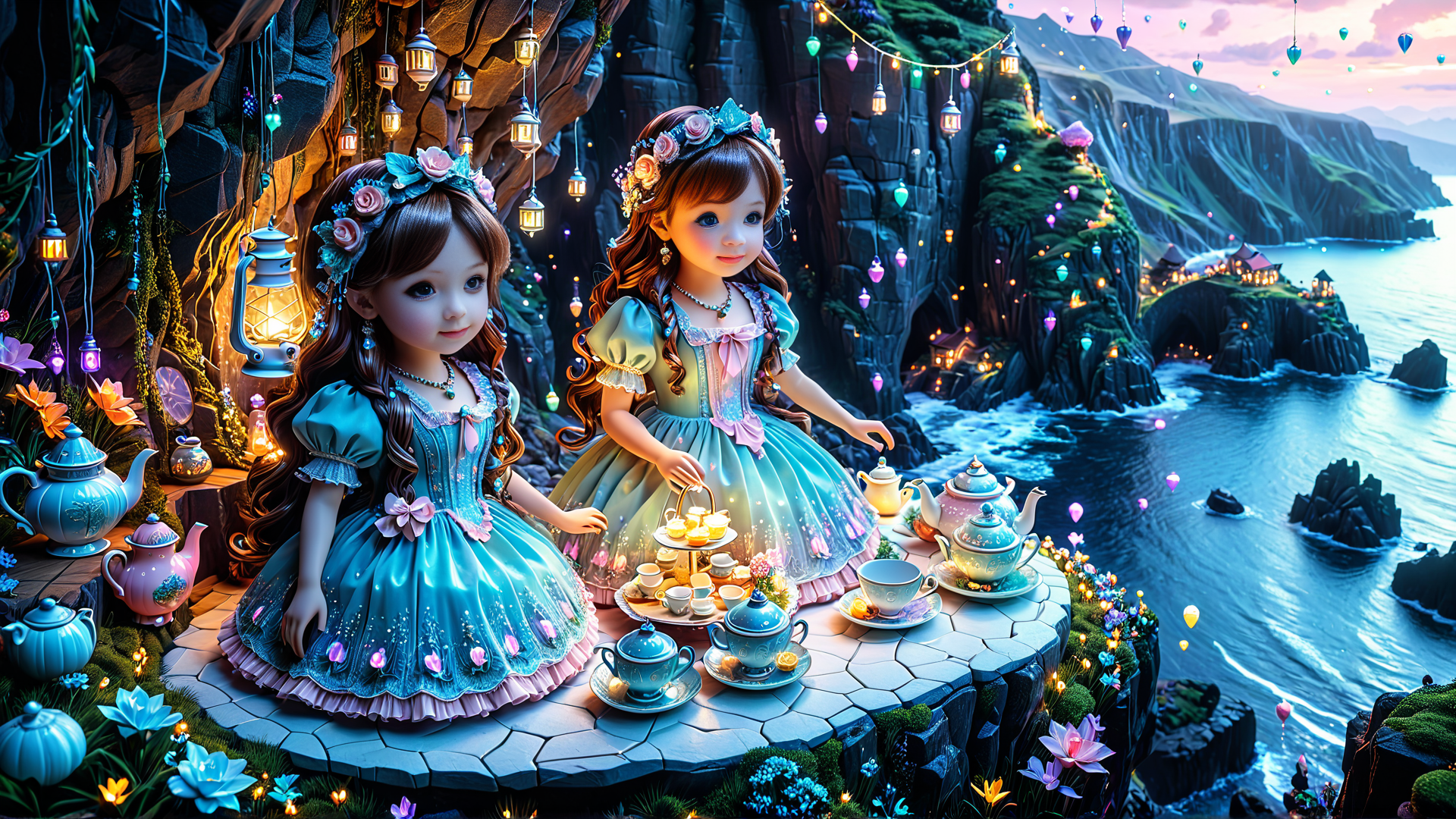 AI generated wallpaper featuring girls, tea party, fairies