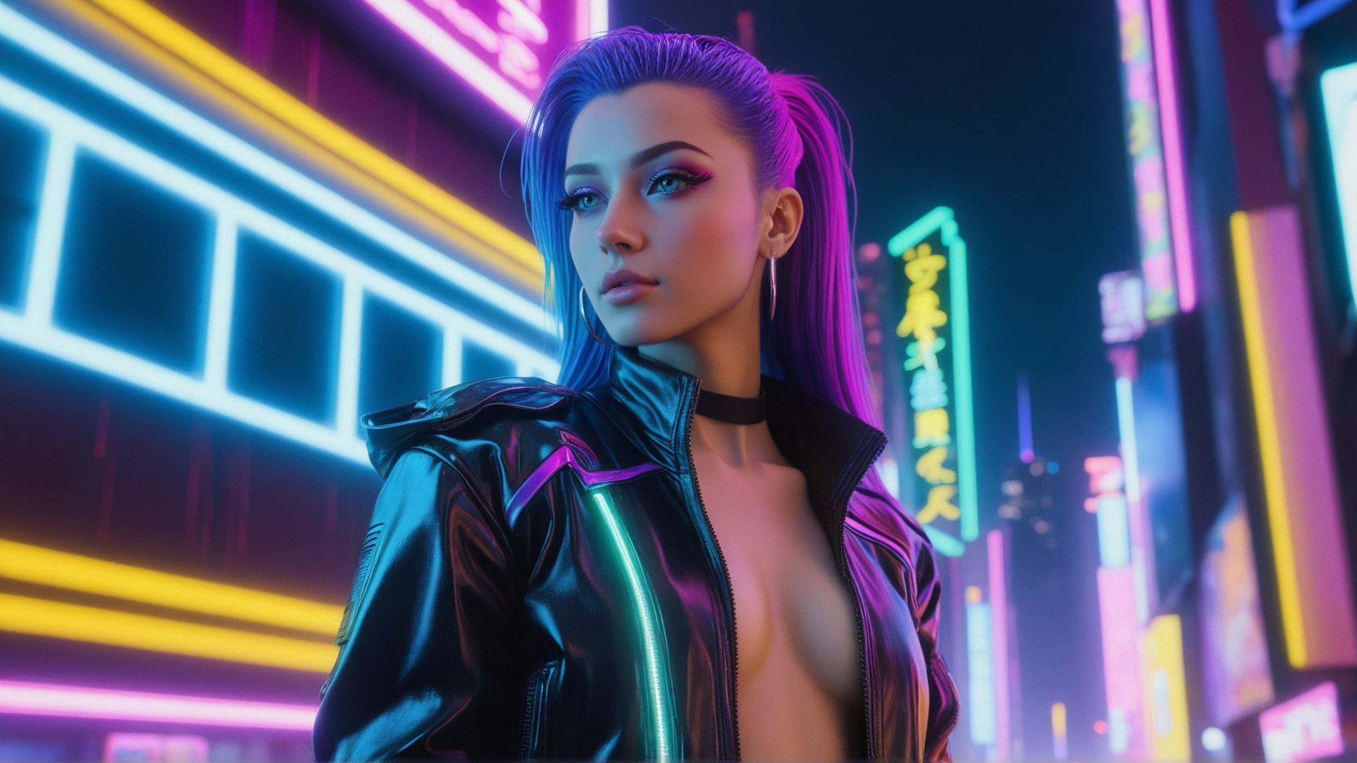 AI generated wallpaper featuring woman, cyberpunk, neon