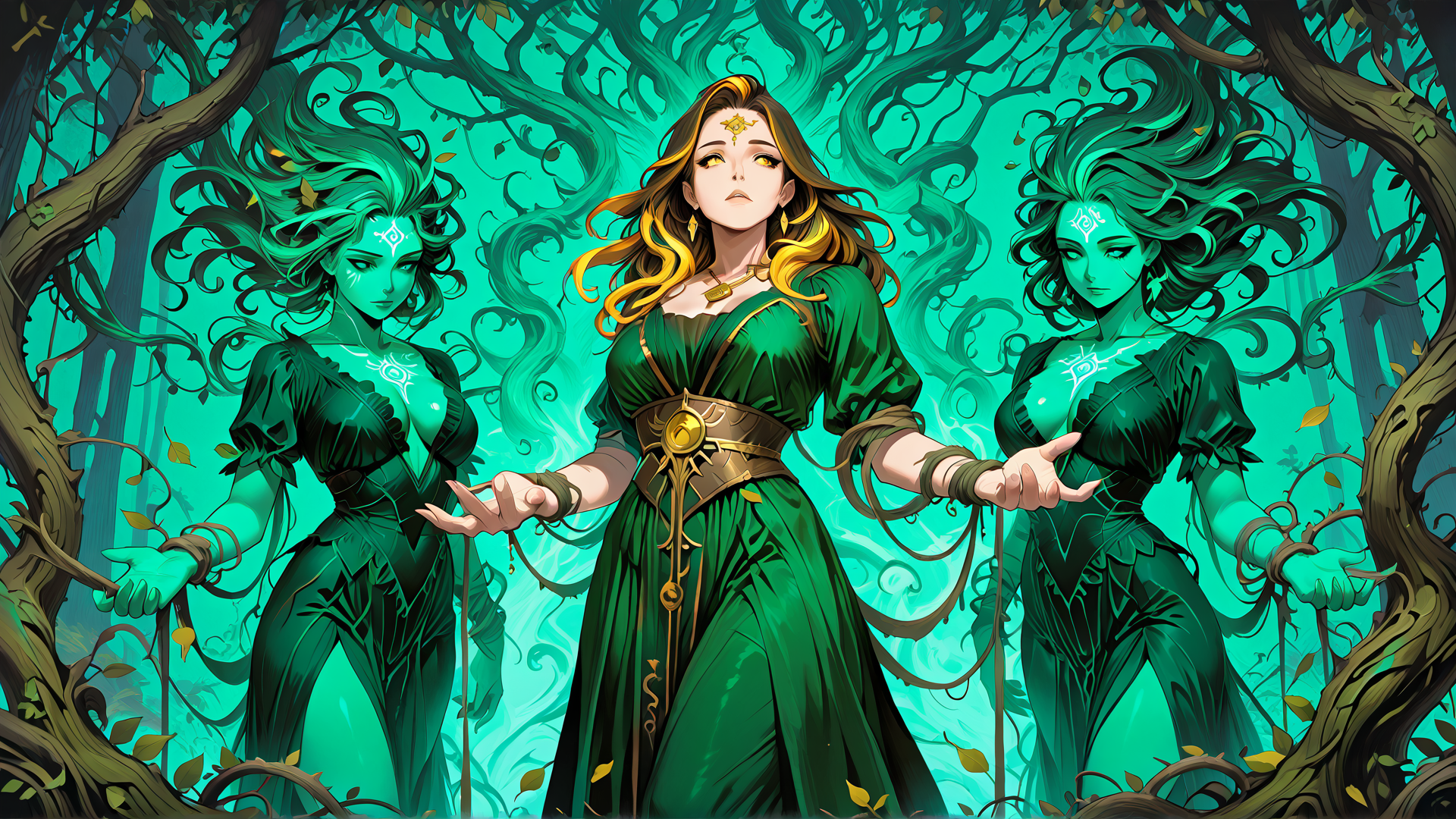 AI generated wallpaper featuring women, forest spirits, trees