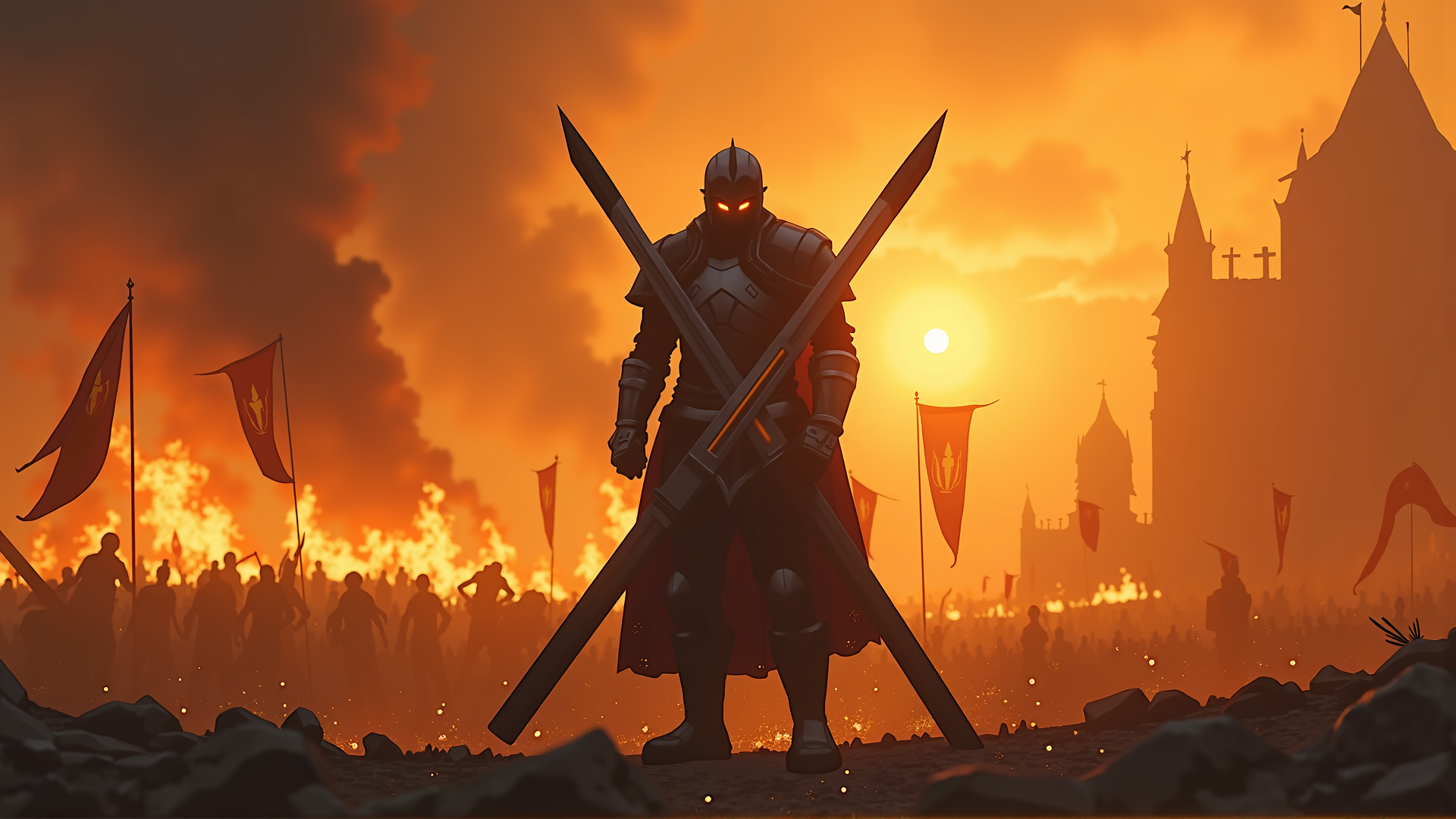 AI generated wallpaper featuring knight, swords, flags, crowd, castle, sun, smoke, fire, armor, cape