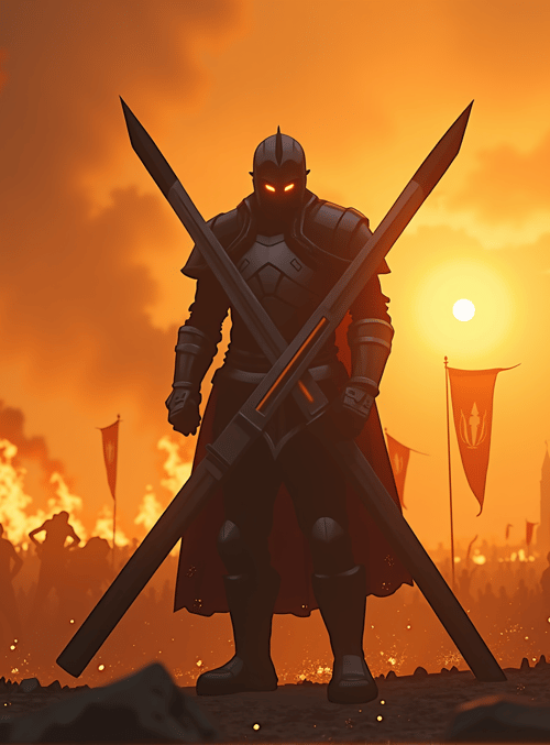 knight, swords, flags, crowd, castle, sun, smoke, fire, armor, cape
