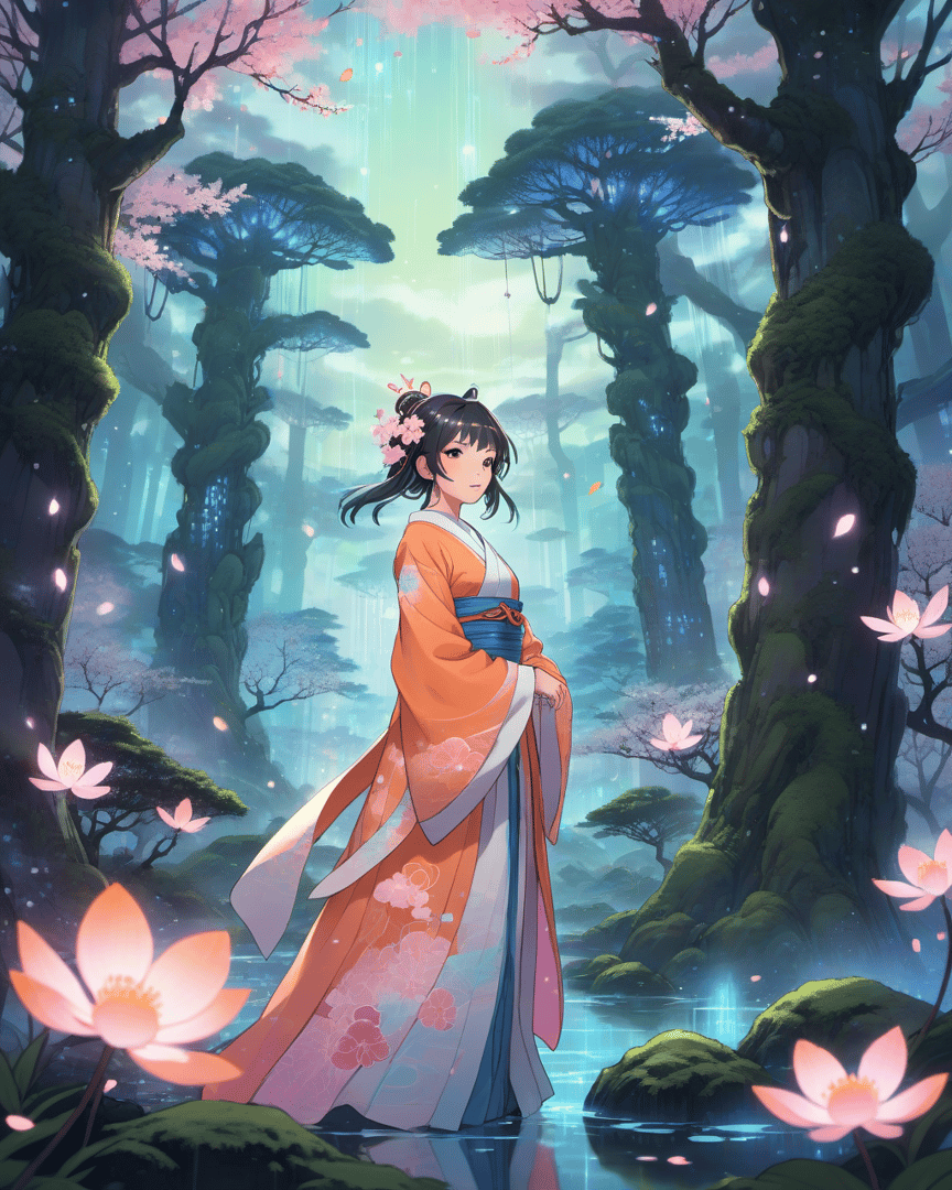 AI generated wallpaper featuring woman, lotus, sakura