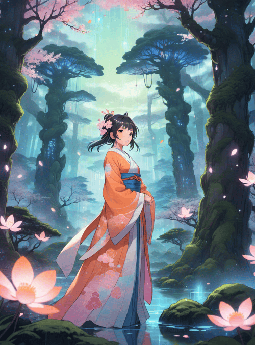 woman, lotus, sakura