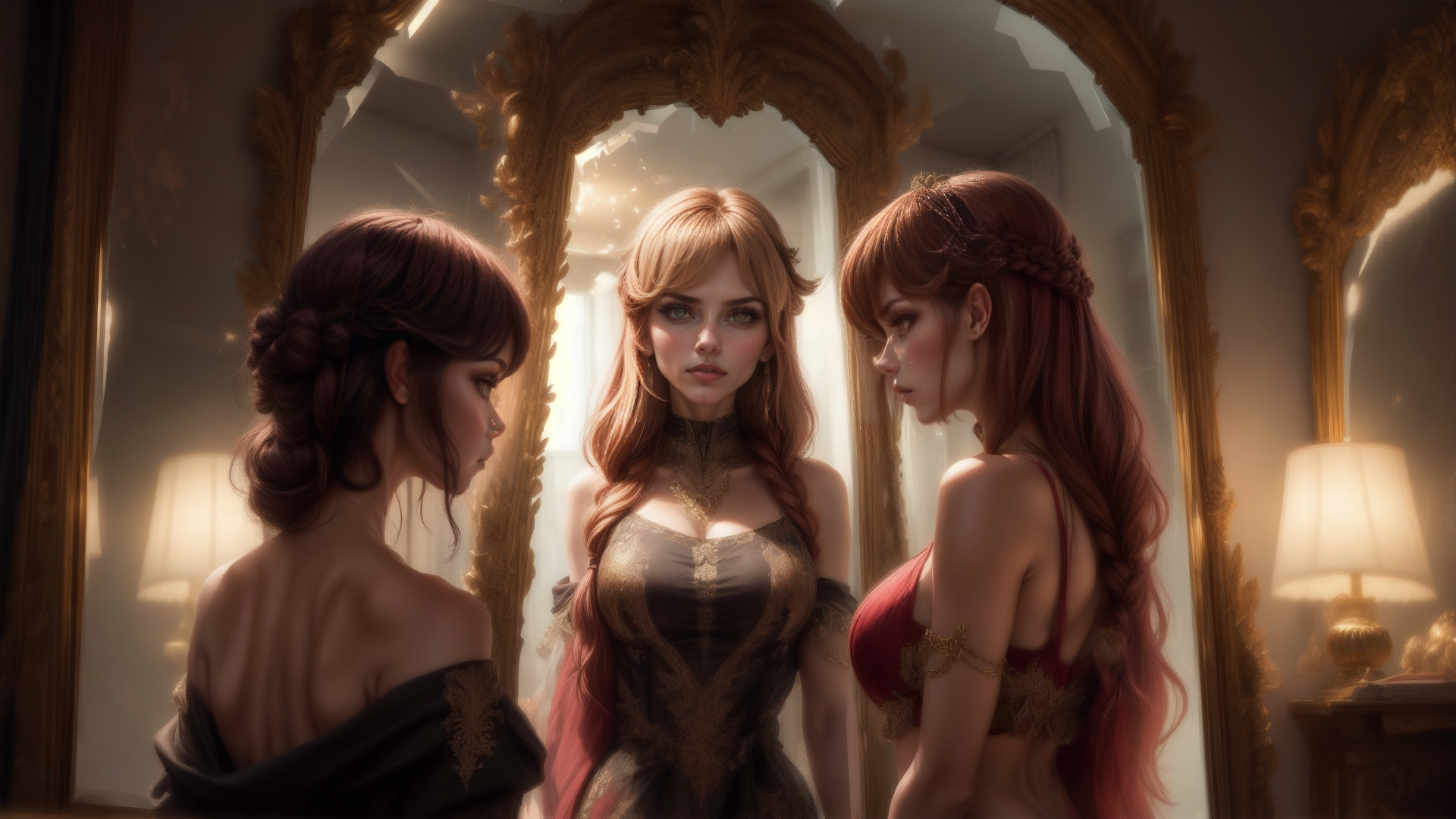 AI generated wallpaper featuring woman, mirror, reflection