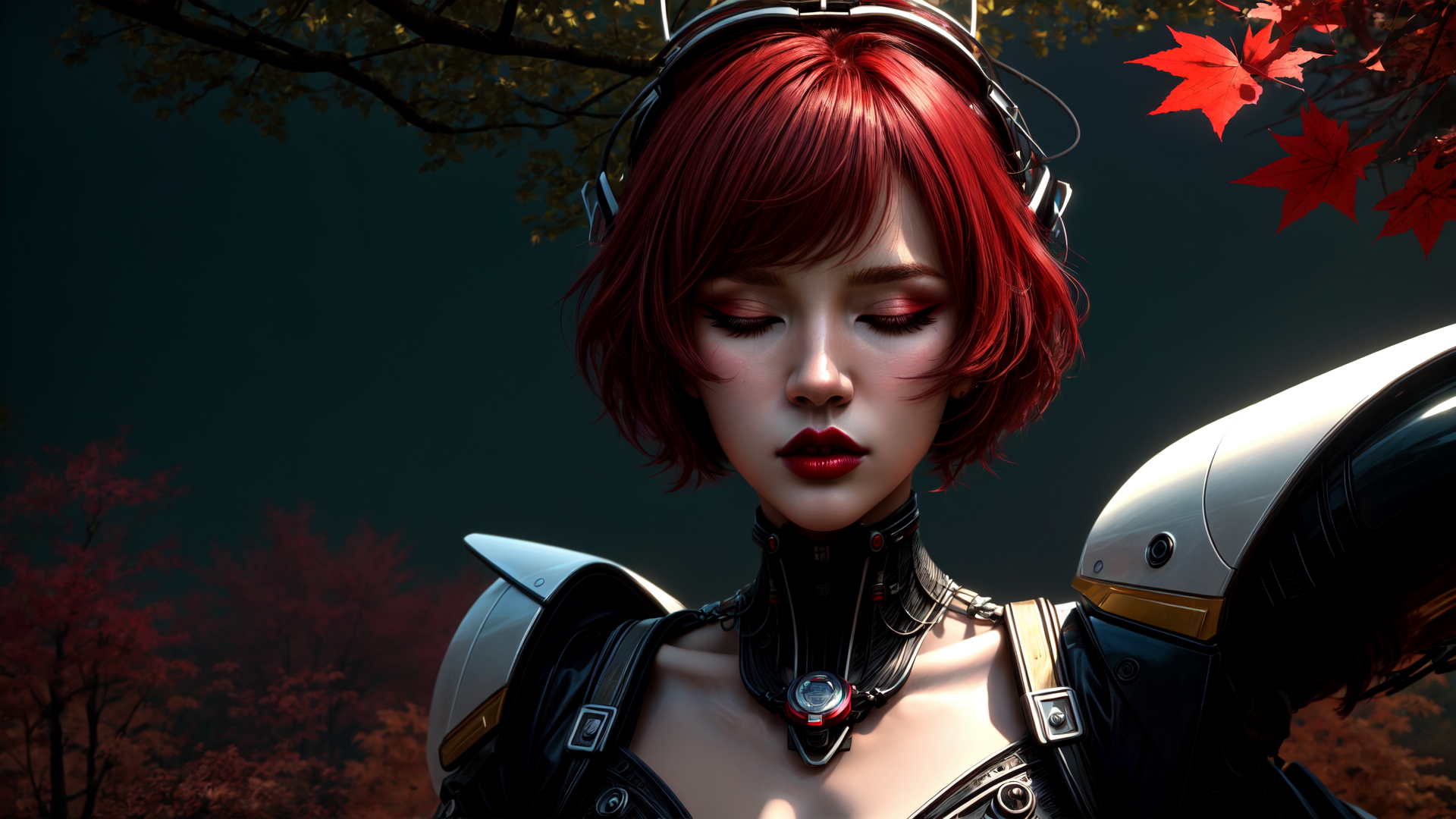 AI generated wallpaper featuring cyborg, redhead, headphones, mechanical, armor, trees, maple leaves