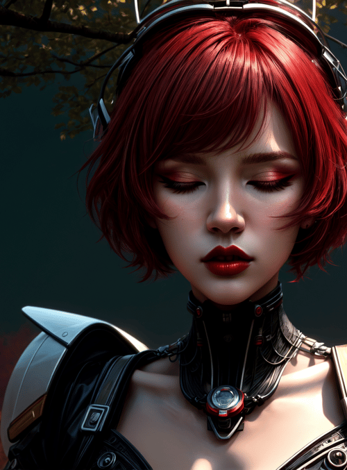 cyborg, redhead, headphones, mechanical, armor, trees, maple leaves