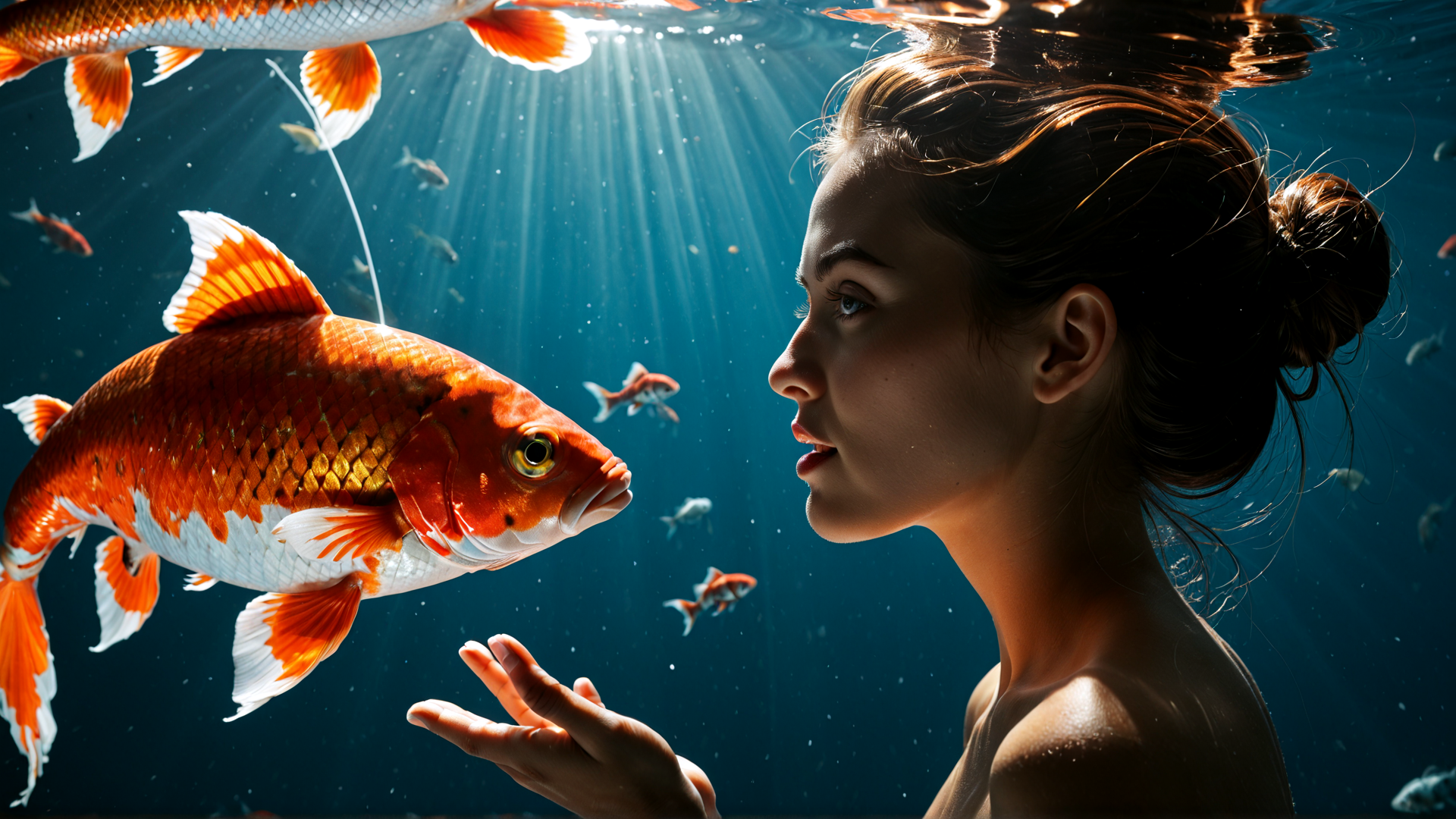 AI generated wallpaper featuring woman, goldfish, fish, water
