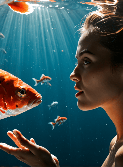 woman, goldfish, fish, water