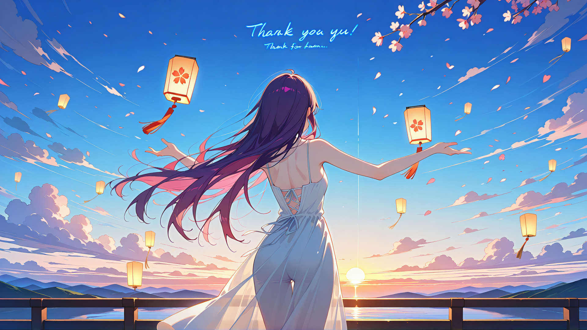 AI generated wallpaper featuring girl, lanterns, cherry blossoms