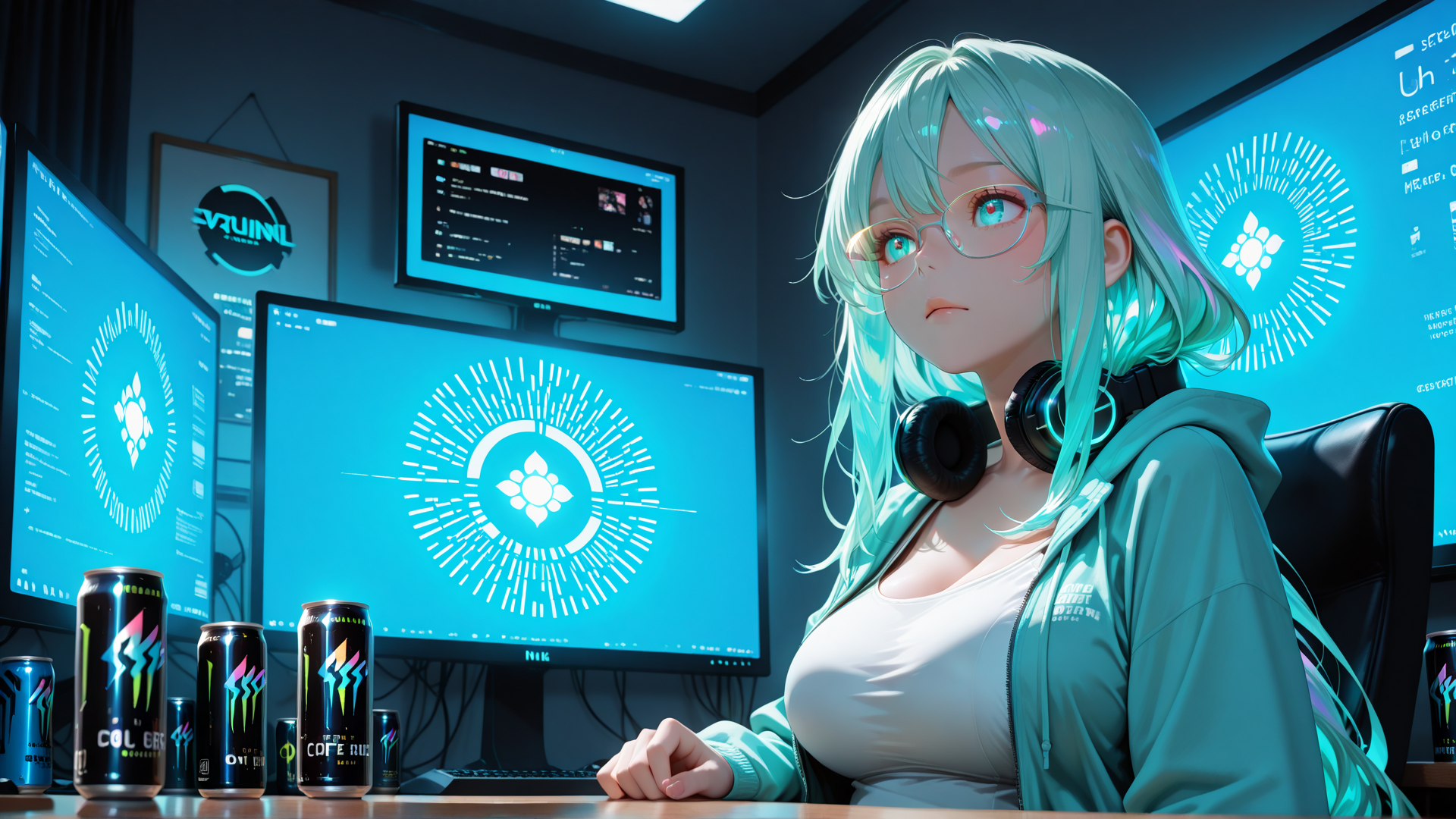 AI generated wallpaper featuring anime girl, computer, monitor, headphones, can, desk