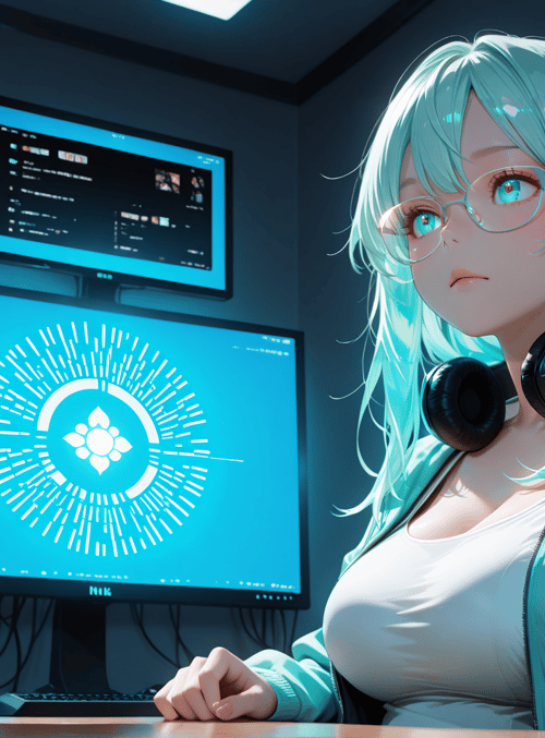 anime girl, computer, monitor, headphones, can, desk
