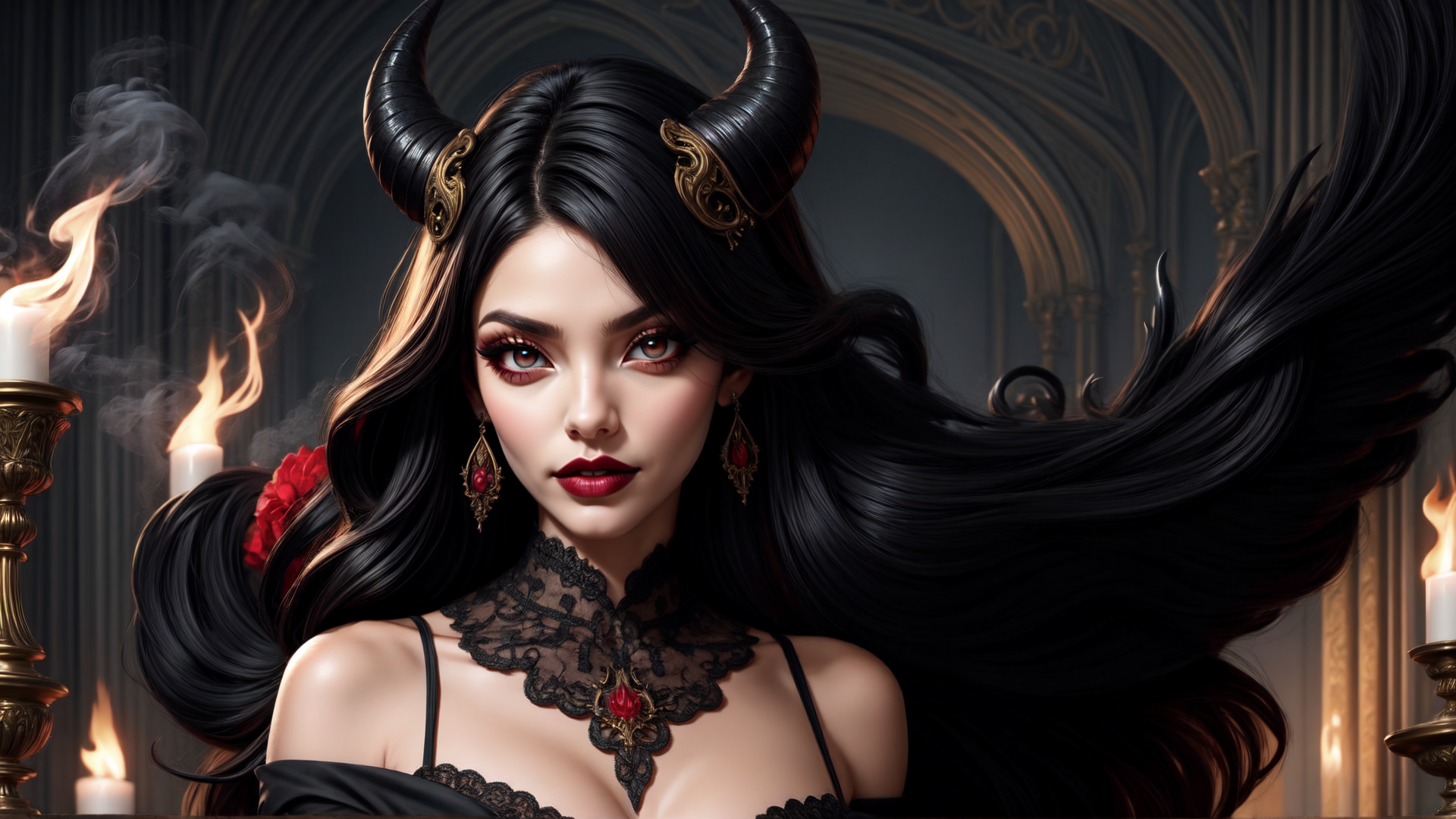 AI generated wallpaper featuring devil, woman, candles, horns, lace