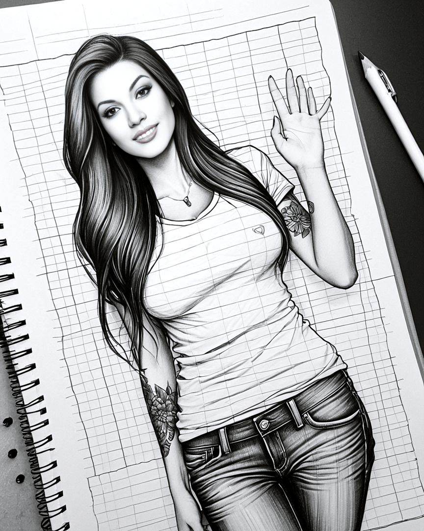 AI generated wallpaper featuring woman, sketch, notebook, tattoo, shirt, jeans, pen, hand, hair, necklace