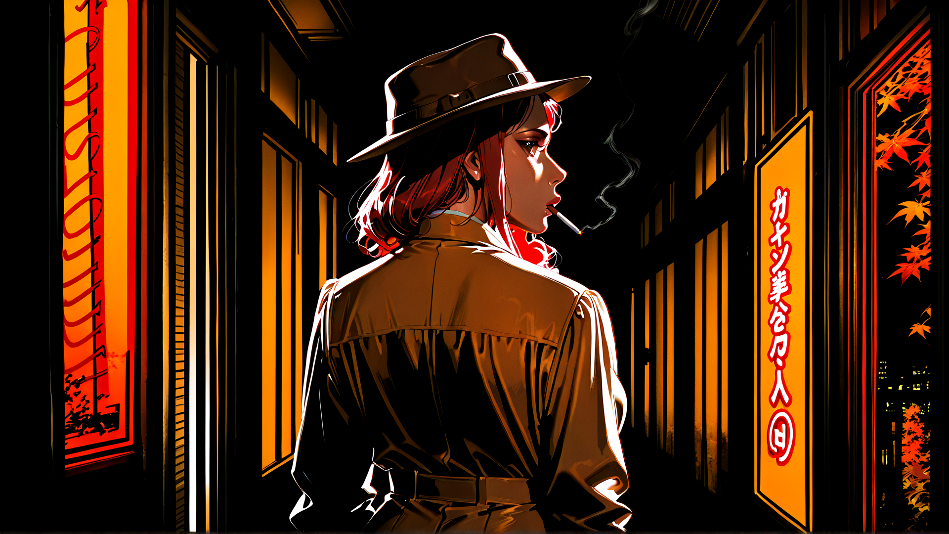 AI generated wallpaper featuring woman, hat, cigarette, jacket, sign