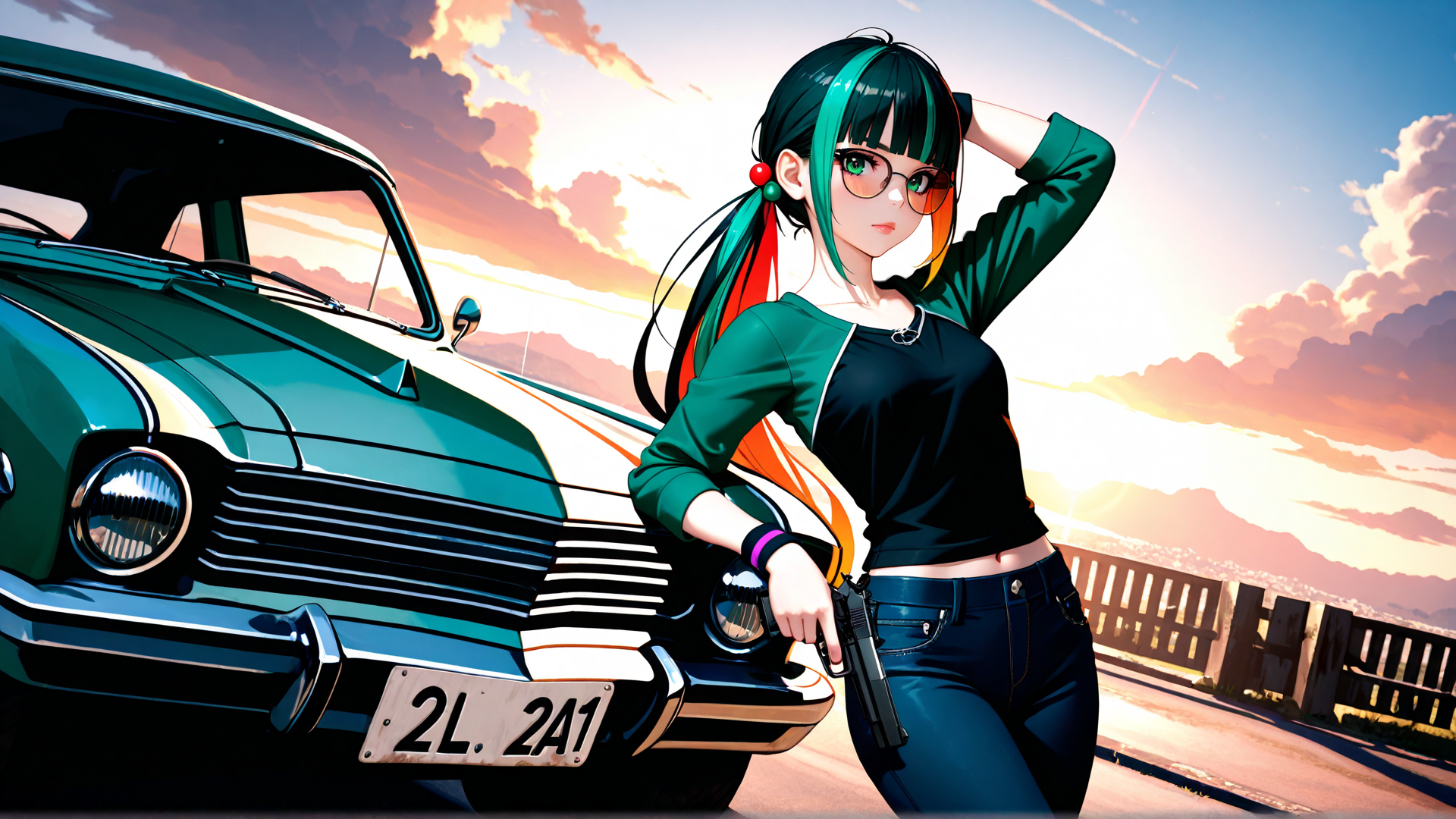 AI generated wallpaper featuring girl, car, gun