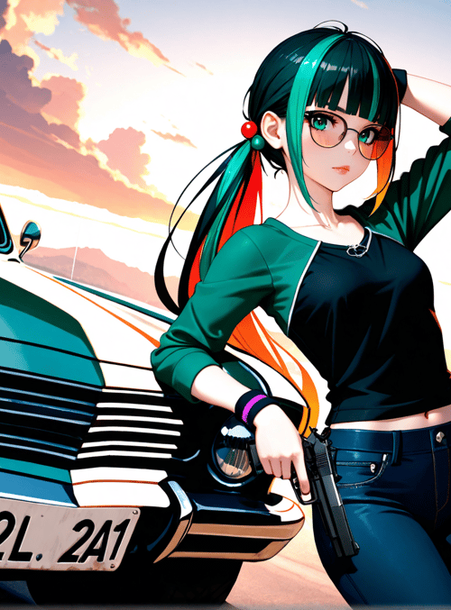 girl, car, gun