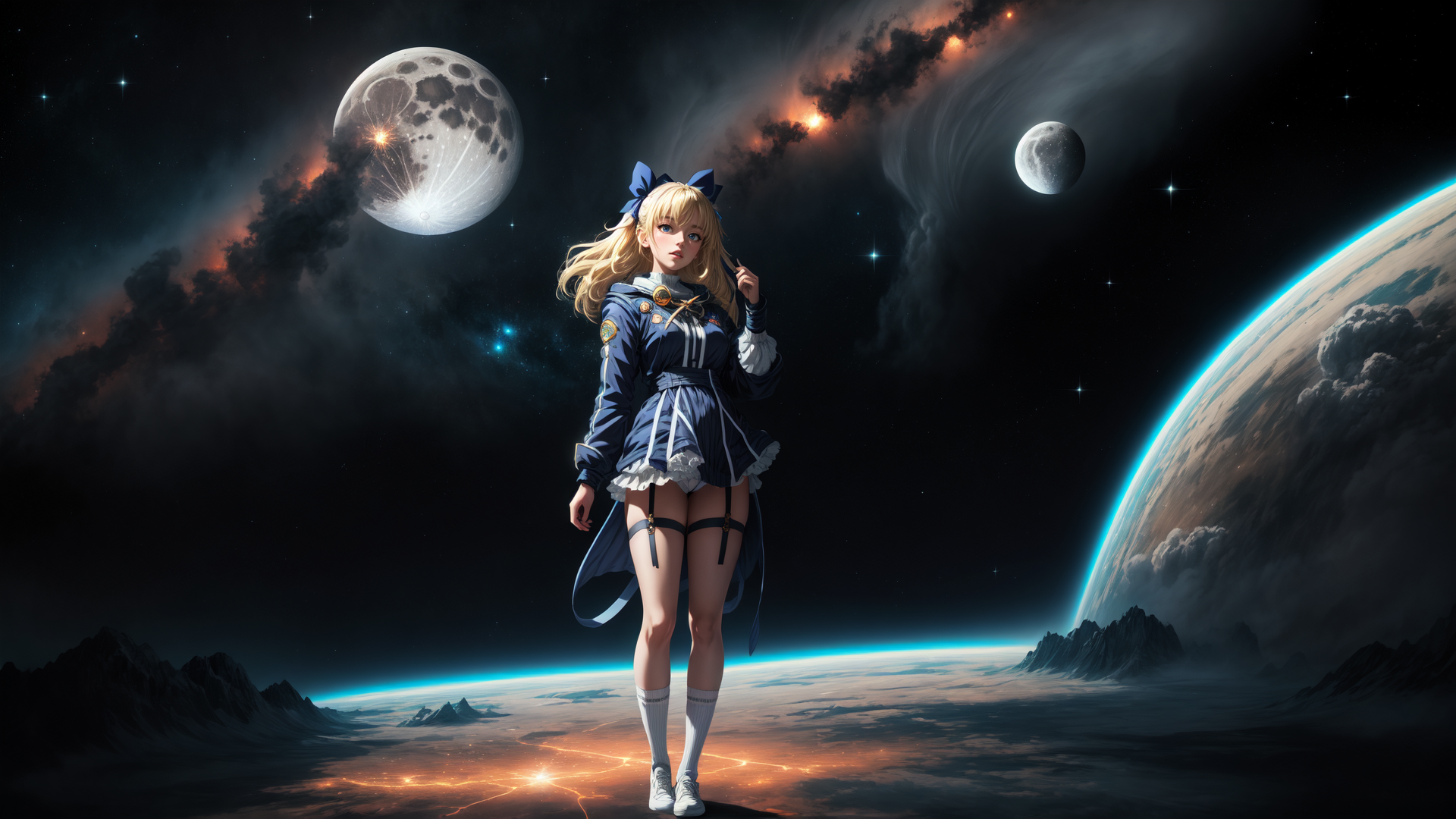 AI generated wallpaper featuring girl, space, planet, moon, galaxy, astronaut
