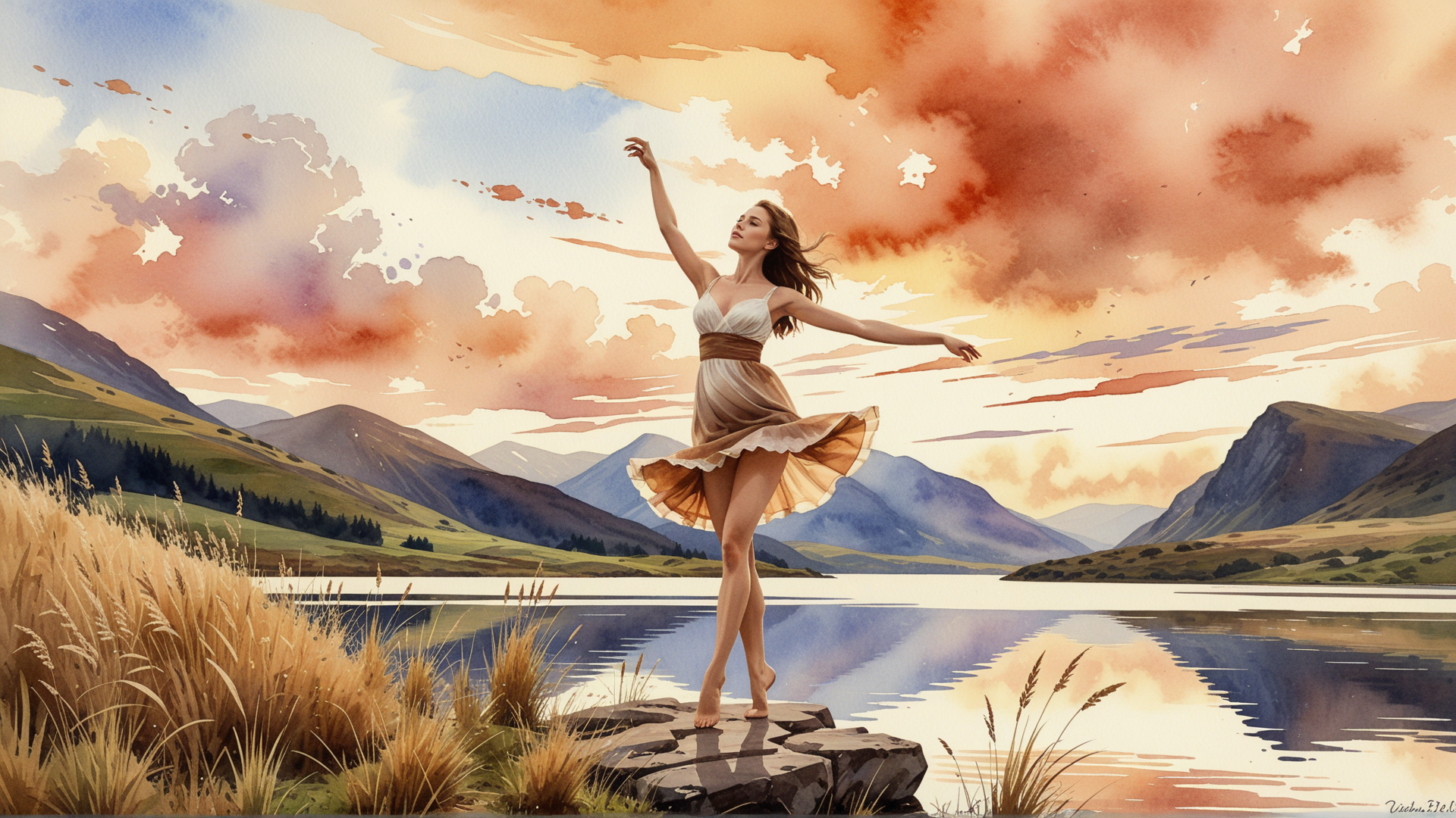 AI generated wallpaper featuring woman, lake, mountains, grass, clouds, sun, rock, dress