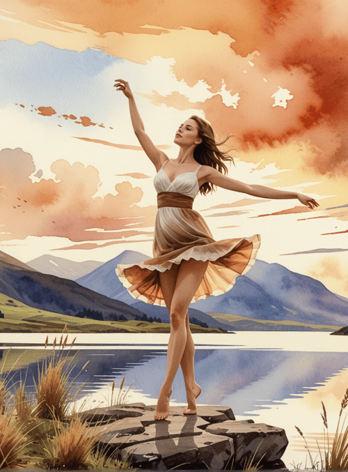 woman, lake, mountains, grass, clouds, sun, rock, dress
