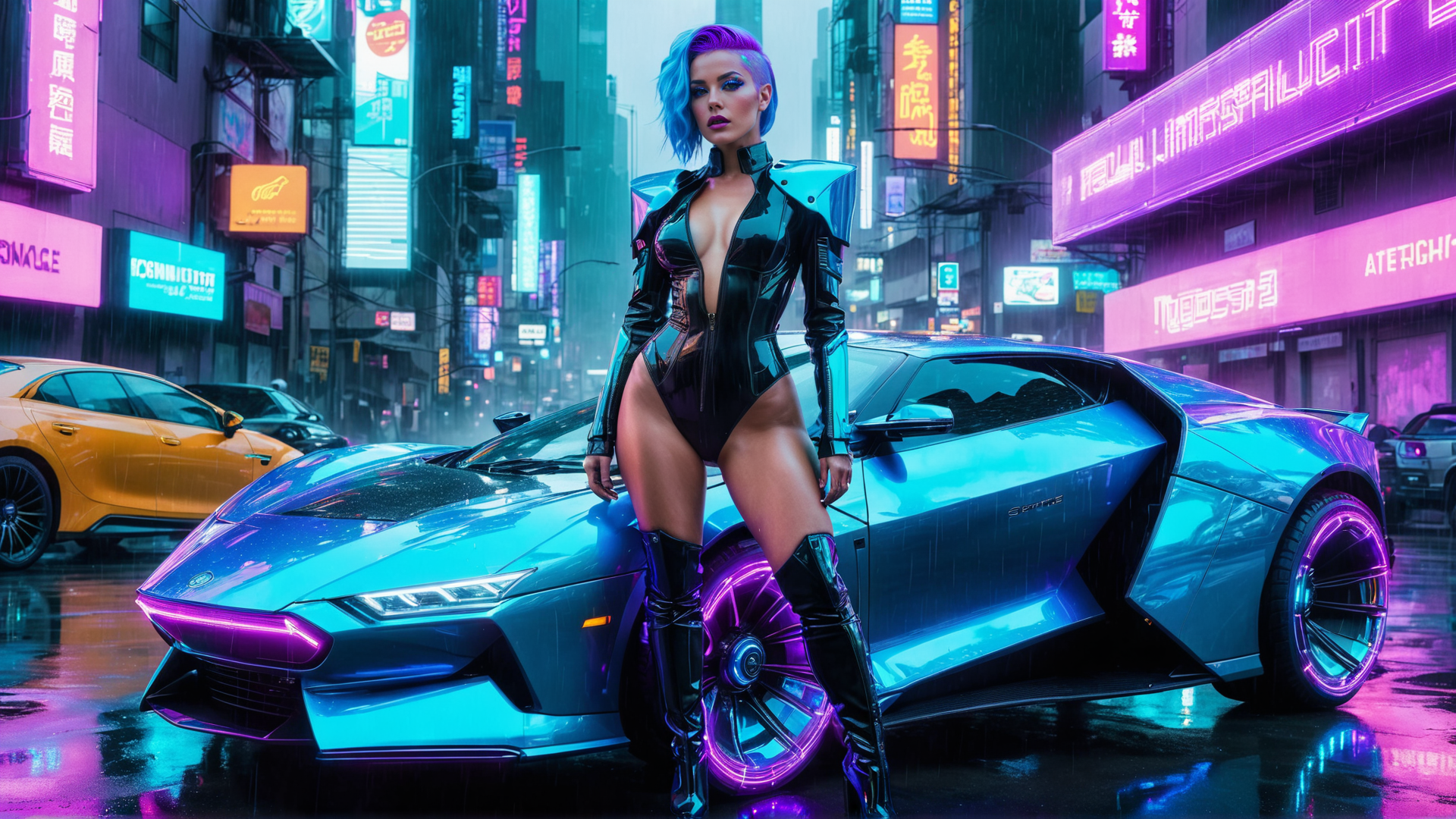AI generated wallpaper featuring woman, car
