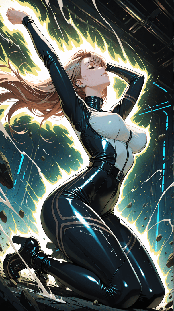 AI generated wallpaper featuring woman, cyberpunk, kneeling, power, energy