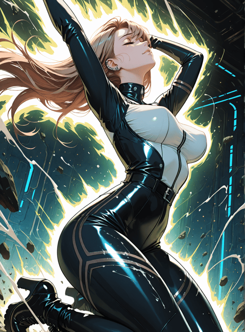 woman, cyberpunk, kneeling, power, energy