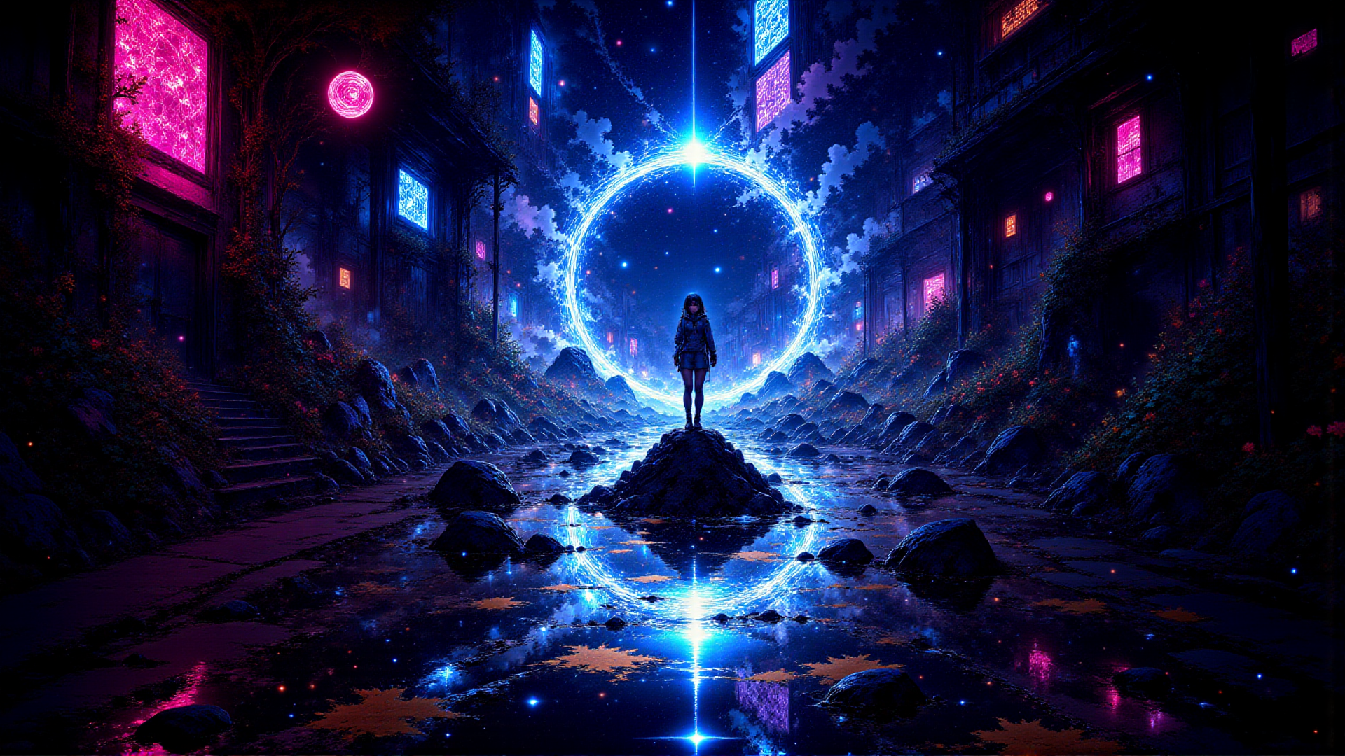 AI generated wallpaper featuring girl, ring, city, water, rocks, buildings, trees, sky, light, stars