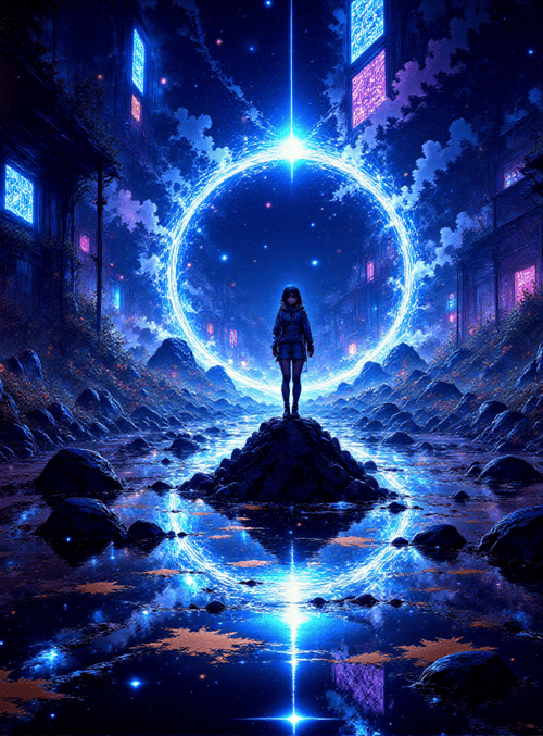girl, ring, city, water, rocks, buildings, trees, sky, light, stars