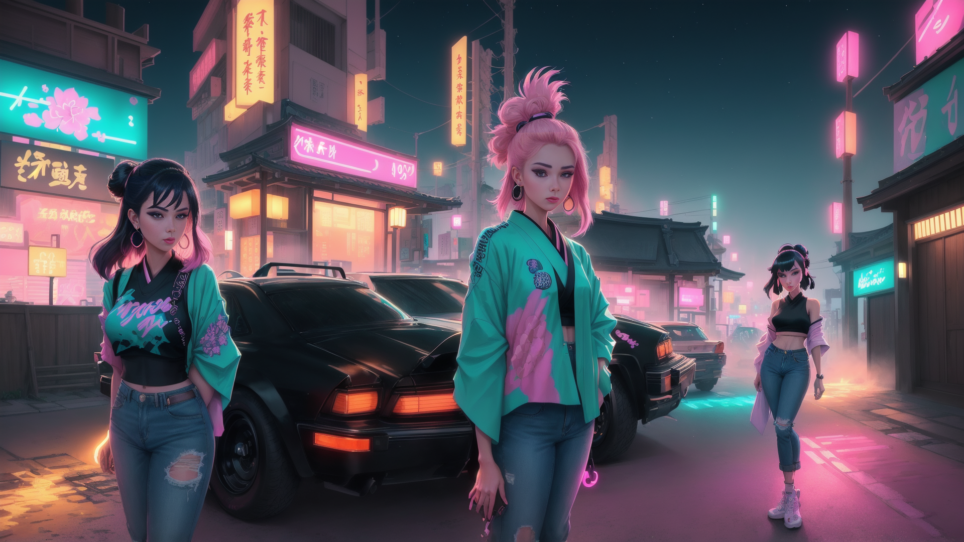 AI generated wallpaper featuring women, street, neon