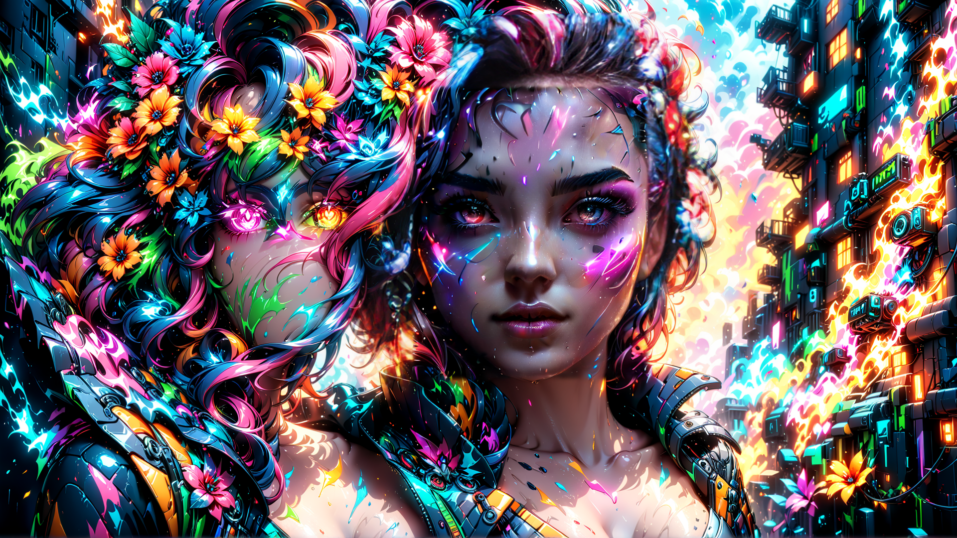 AI generated wallpaper featuring cyberpunk, woman, flower