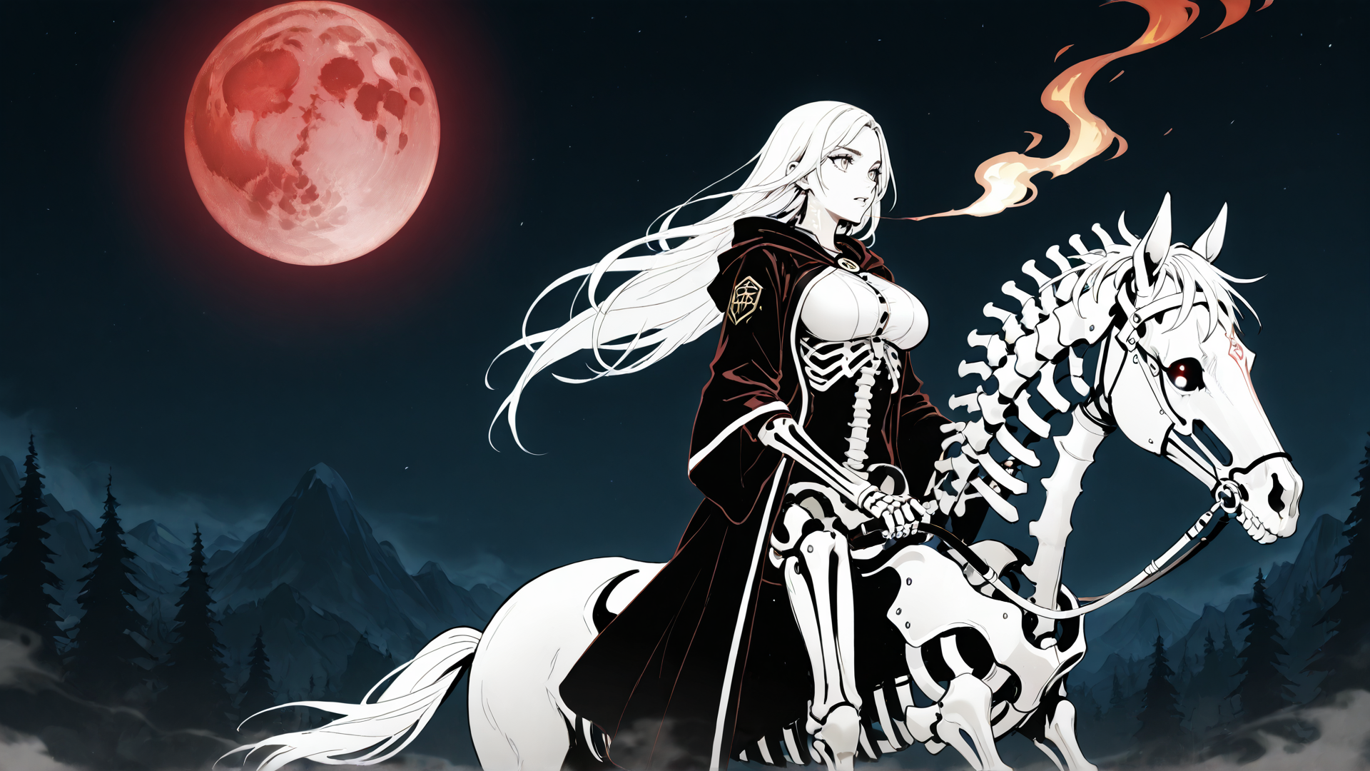 AI generated wallpaper featuring skeleton rider, skeleton horse, red moon, woman, forest, mountain
