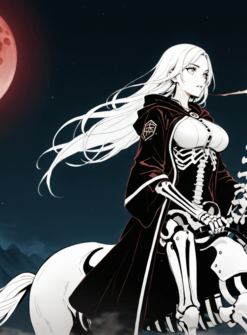 skeleton rider, skeleton horse, red moon, woman, forest, mountain