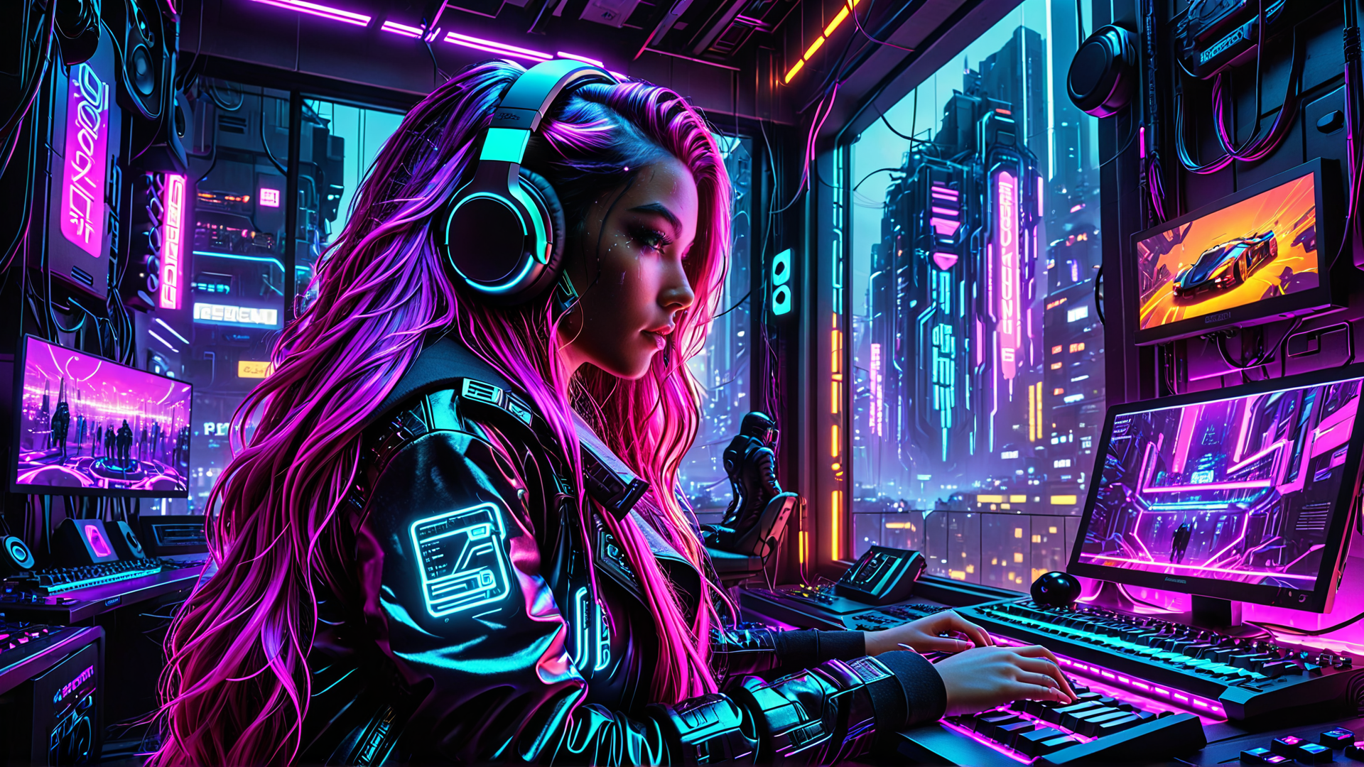 AI generated wallpaper featuring woman, gamer, cyberpunk