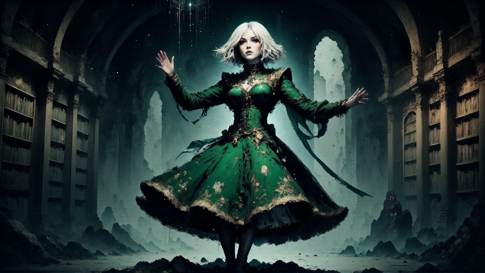 AI generated wallpaper featuring woman, dress, library
