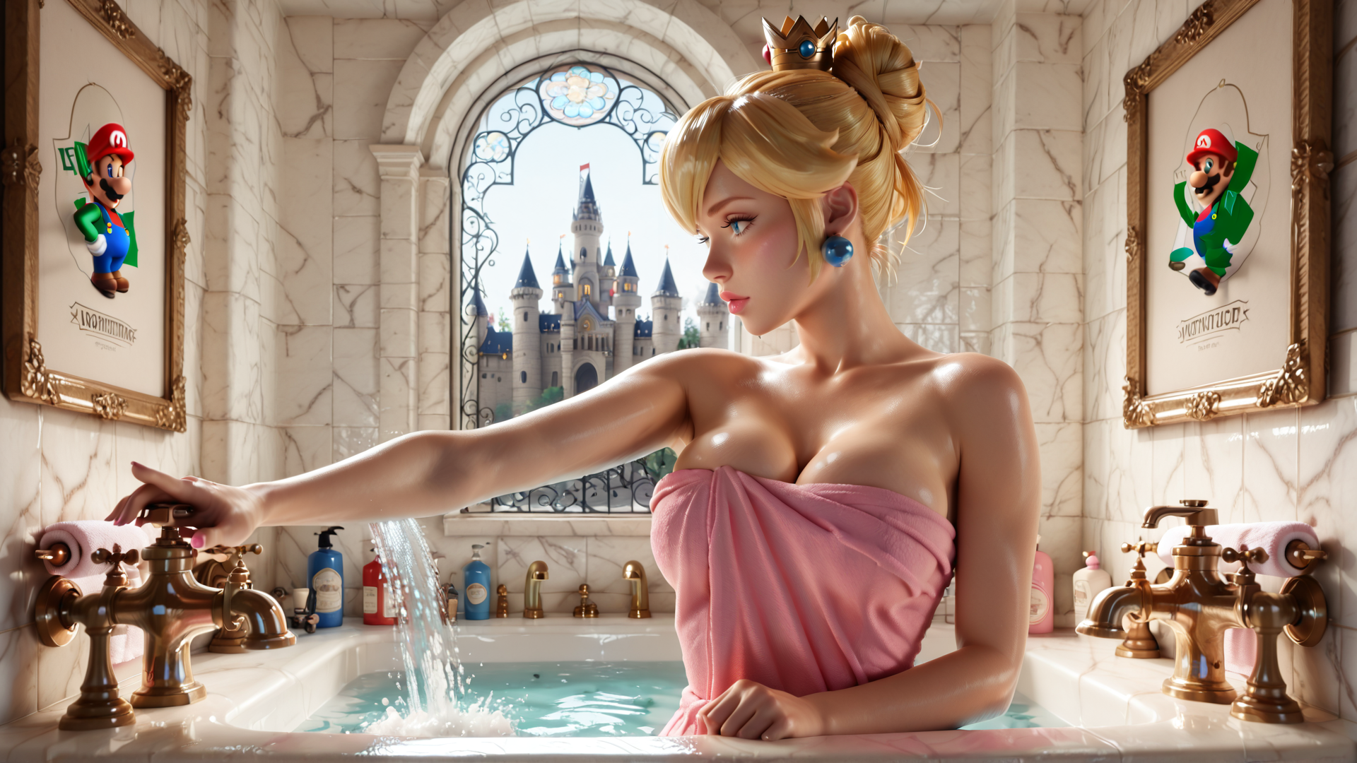 AI generated wallpaper featuring princess, towel, bathtub, faucet, castle, mario, painting, earrings, crown, toiletries