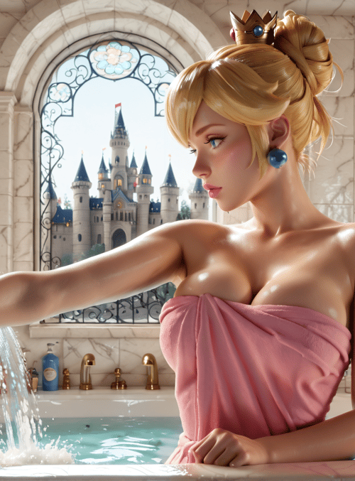 princess, towel, bathtub, faucet, castle, mario, painting, earrings, crown, toiletries