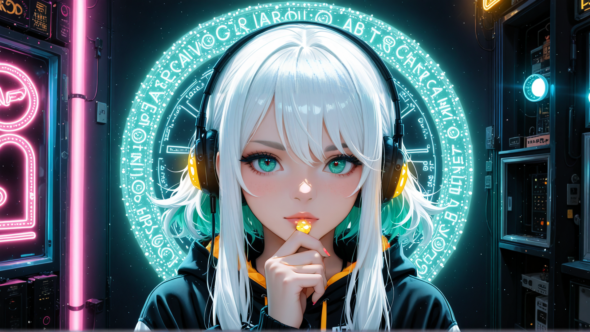 AI generated wallpaper featuring girl, headphones, neon