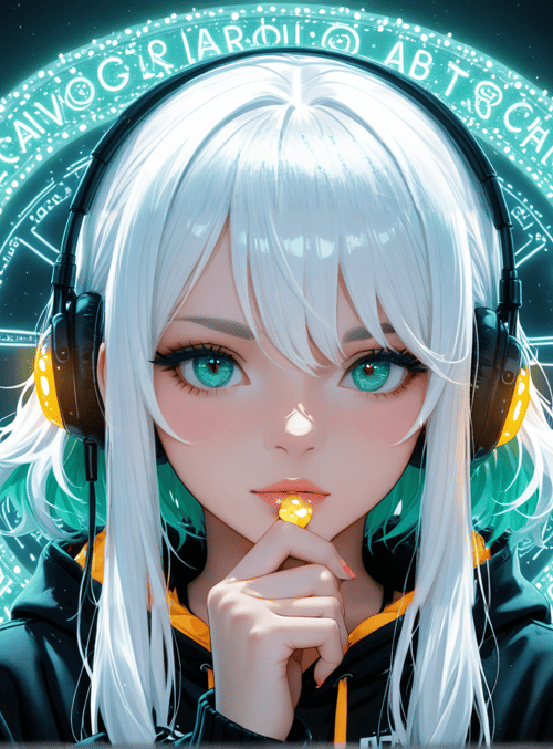 girl, headphones, neon