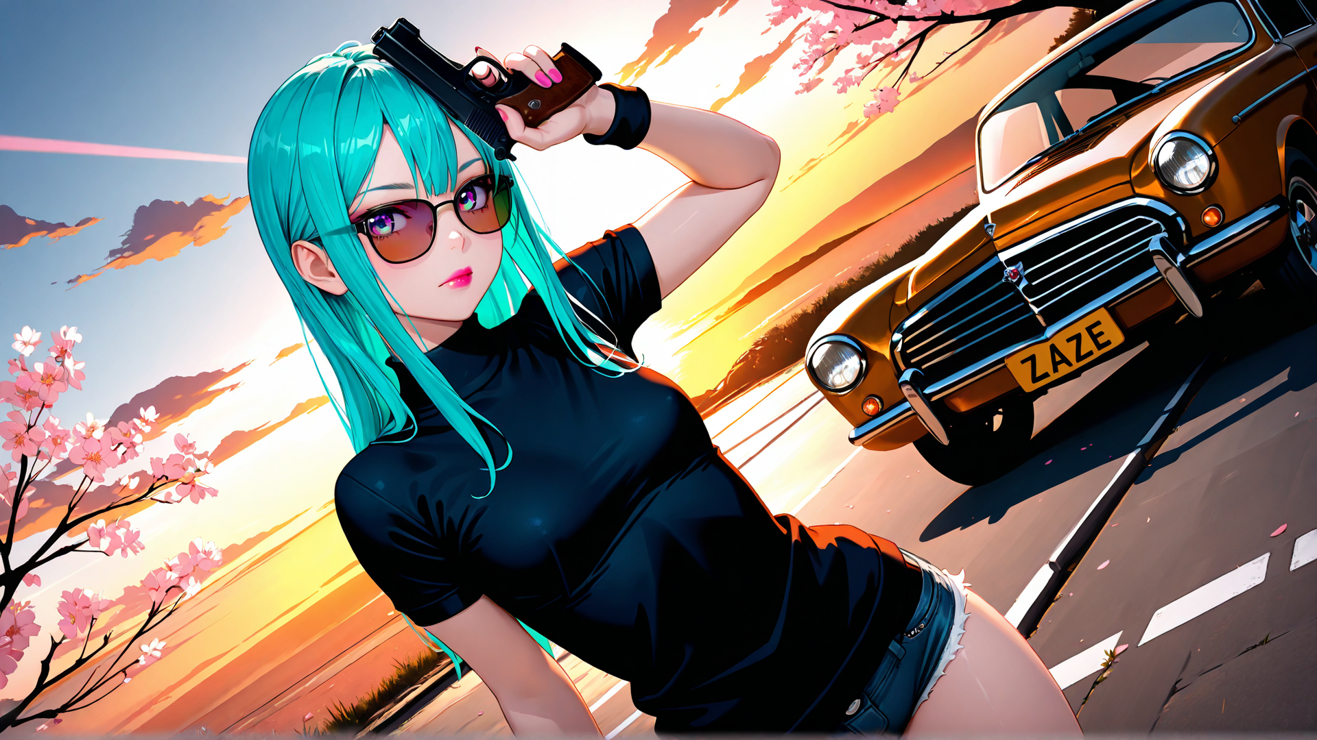 AI generated wallpaper featuring woman, gun, car, cherry blossom, sunglasses, sweater, shorts