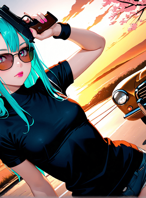 woman, gun, car, cherry blossom, sunglasses, sweater, shorts