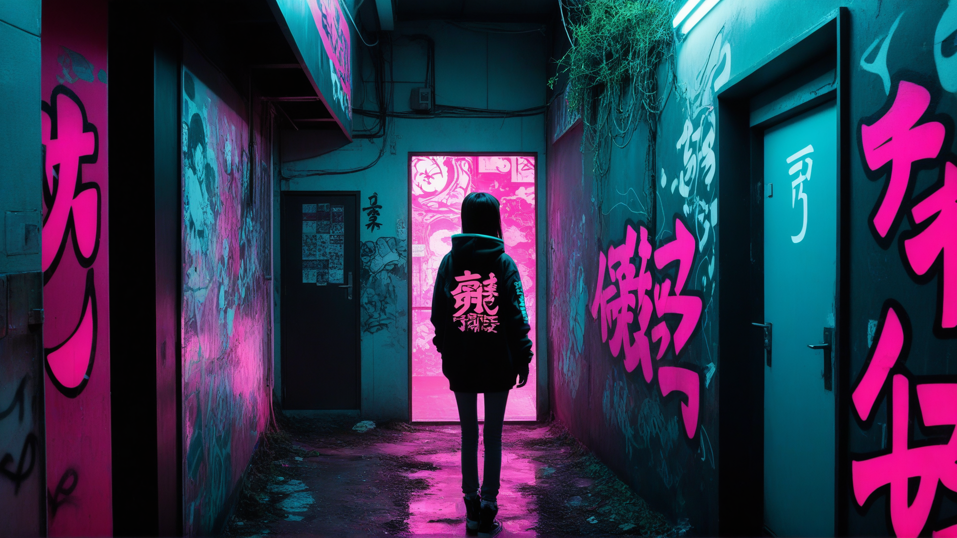AI generated wallpaper featuring person, corridor, graffiti