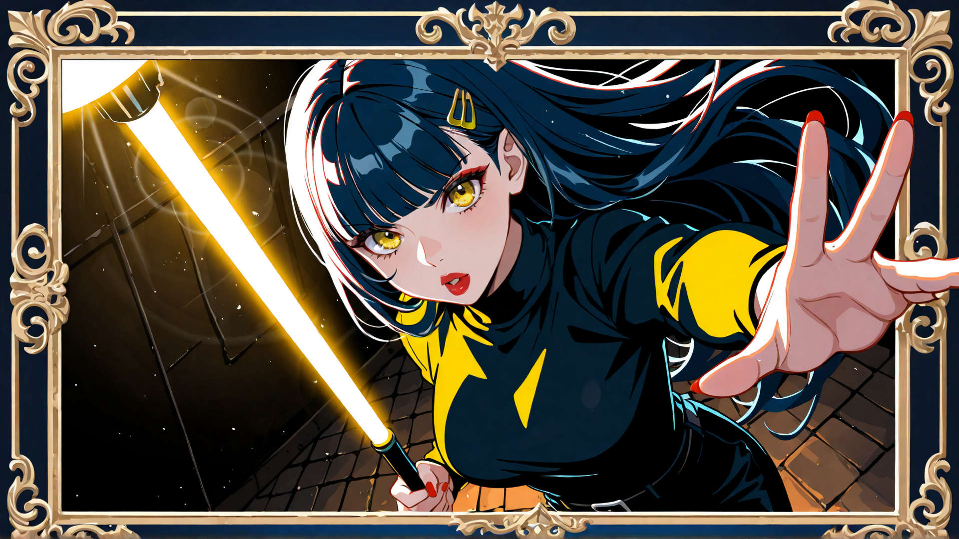 AI generated wallpaper featuring anime girl, lightsaber, hand, frame, hair, armor, yellow, black, blue, red