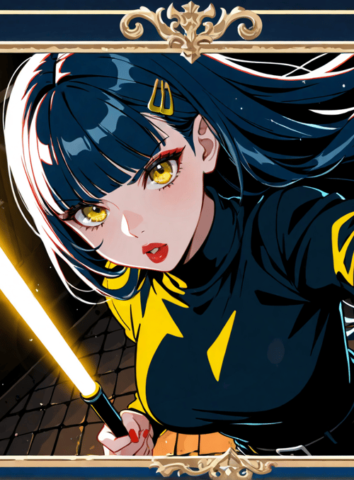anime girl, lightsaber, hand, frame, hair, armor, yellow, black, blue, red