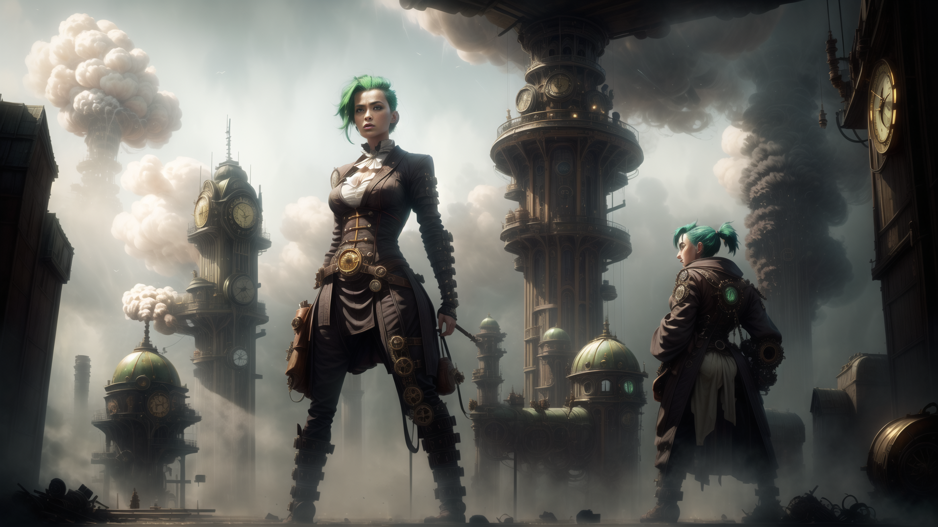 AI generated wallpaper featuring woman, steampunk, clock tower