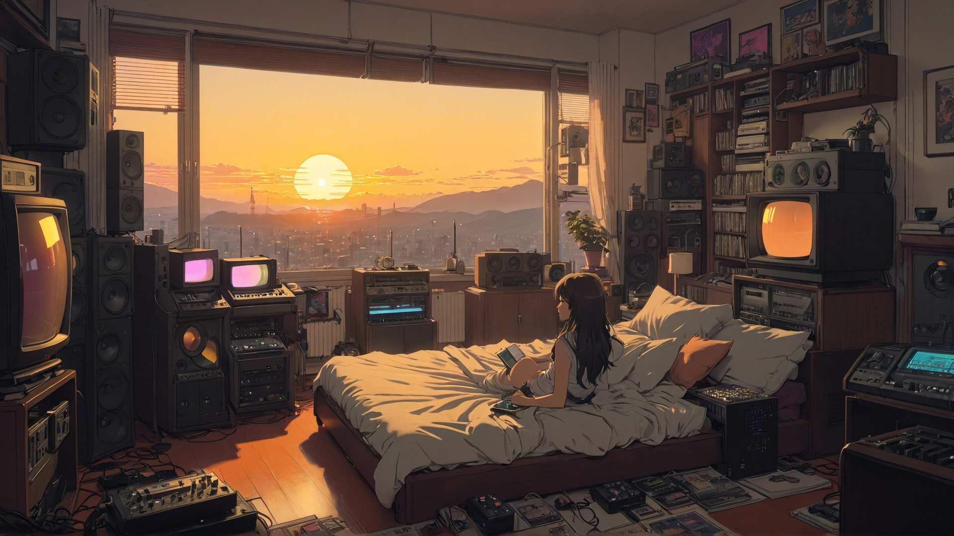 AI generated wallpaper featuring girl, bedroom, electronics