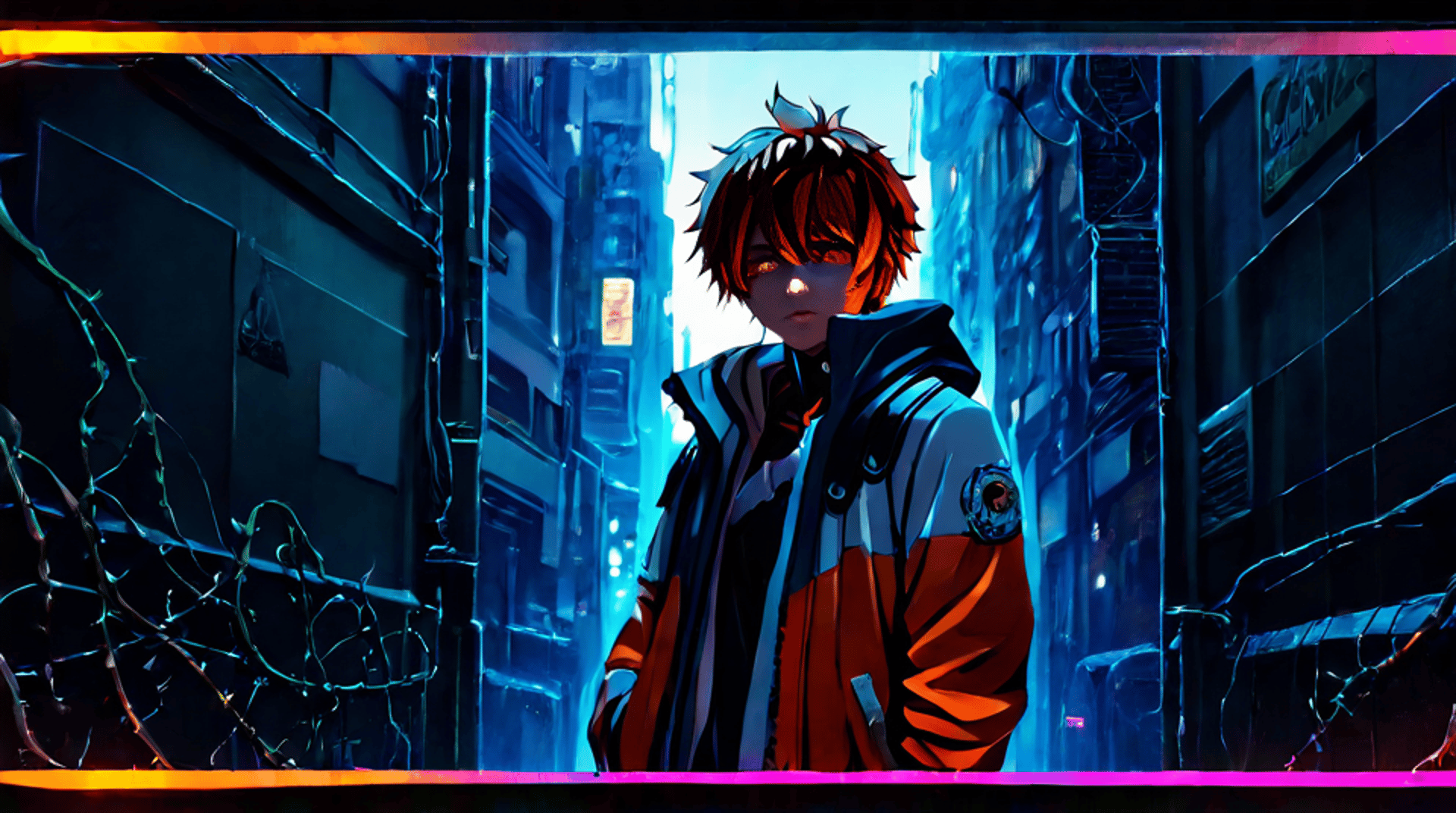 AI generated wallpaper featuring anime character, cityscape