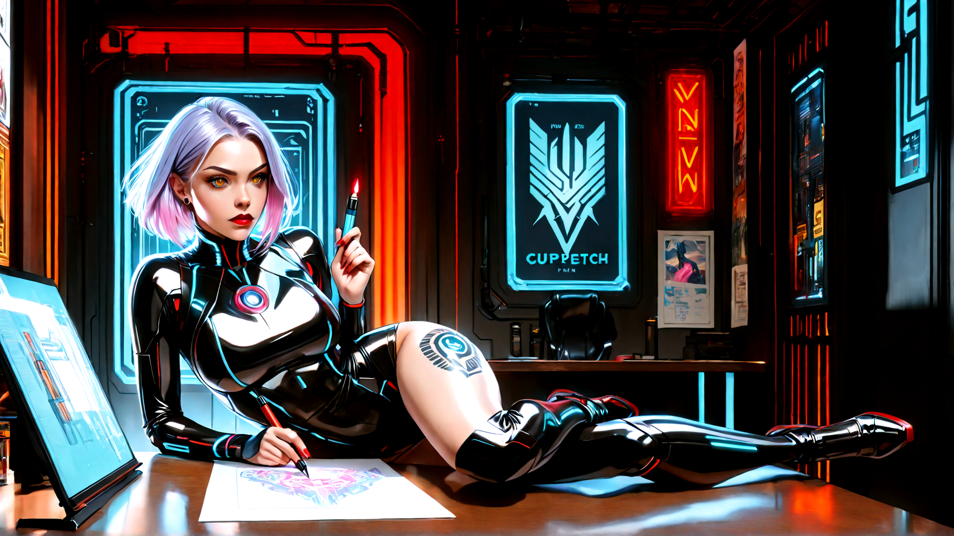 AI generated wallpaper featuring woman, artist, cyborg, neon, designer, robotic, futurist, digital, art, gaming